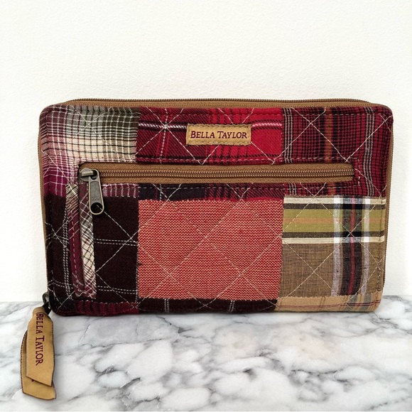 Bella Taylor Handbags - Bella Taylor Quilted Wallet Plaid Patchwork Zip Wristlet Red Tan Cotton
